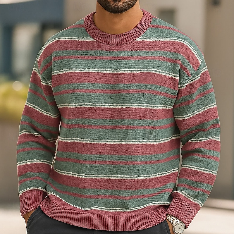 Men's Horizontal Stripes Pullover Sweater Jumper Knitwear Crewneck Casual Vacation Home Street 3D Print Knitting Keep Warm Long Sleeve Spring Fall Winter Red Blue Green - Main Image
