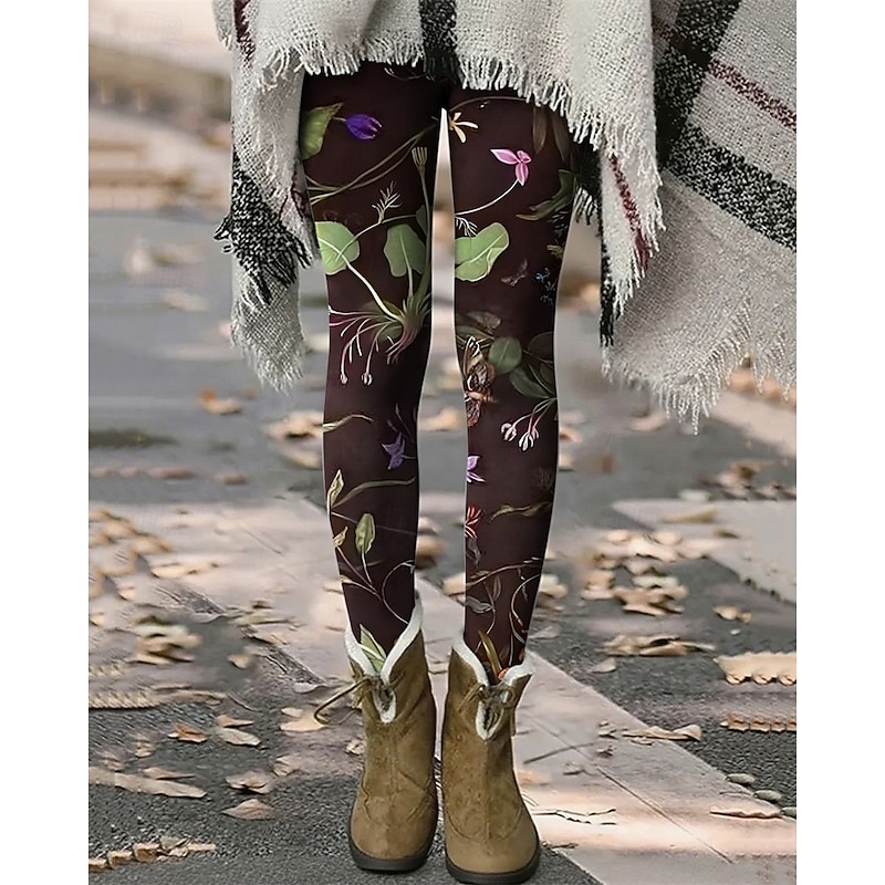 Women's Pants Trousers Leggings Cozy Leggings Streetwear Casual Full Length High Waist Floral Elastic Waist Print Breathability Comfortable Stretchy Vacation Street Daily Wear Purple Coffee Summer2