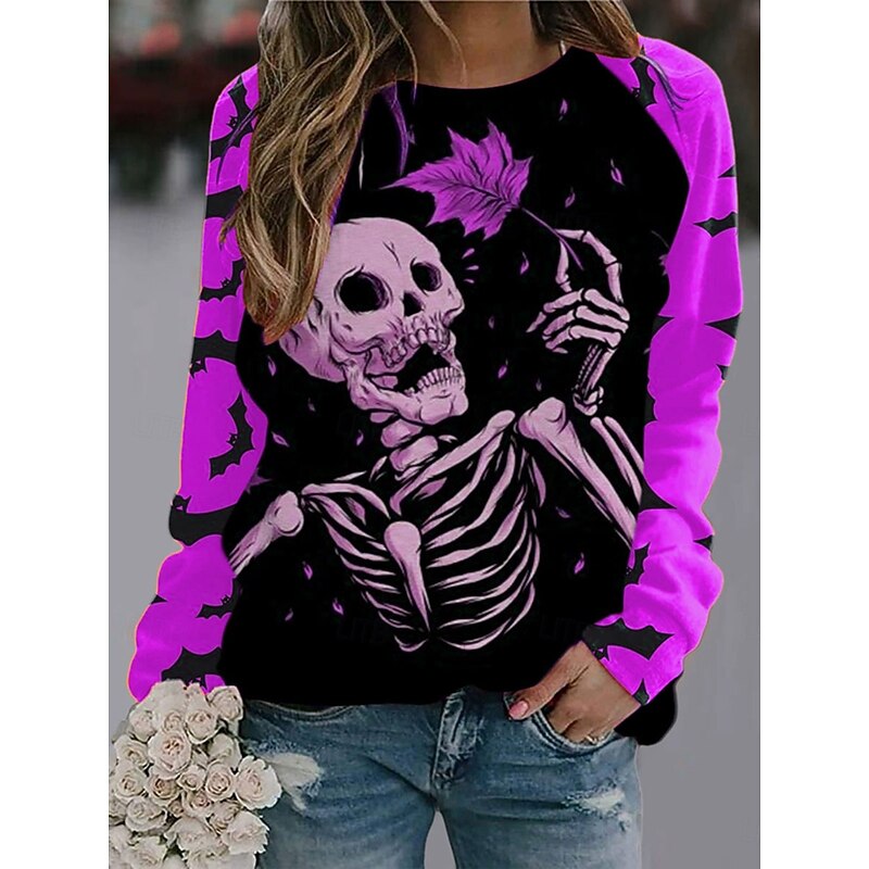 Halloween Women's Pullover Sweatshirt Skulls Graphic Fashion Casual Long Sleeve Crew Neck Regular Tops Street Dailywear Casual Print Blue Purple Orange Green Fall Winter3