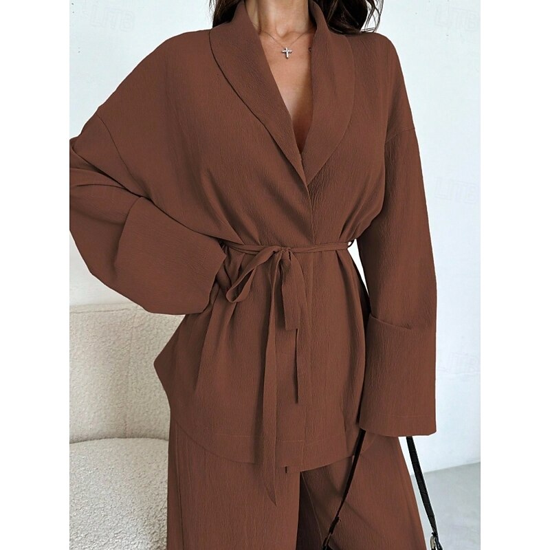 Women's EU / US Size2 Pieces SetsElegant Sophisticated Corset Pants Sets Long Sleeve Bell Sleeve Shirt Collar Solid Color Patchwork Casual Daily Wear As Picture Black Brown Fall Regular Fit4