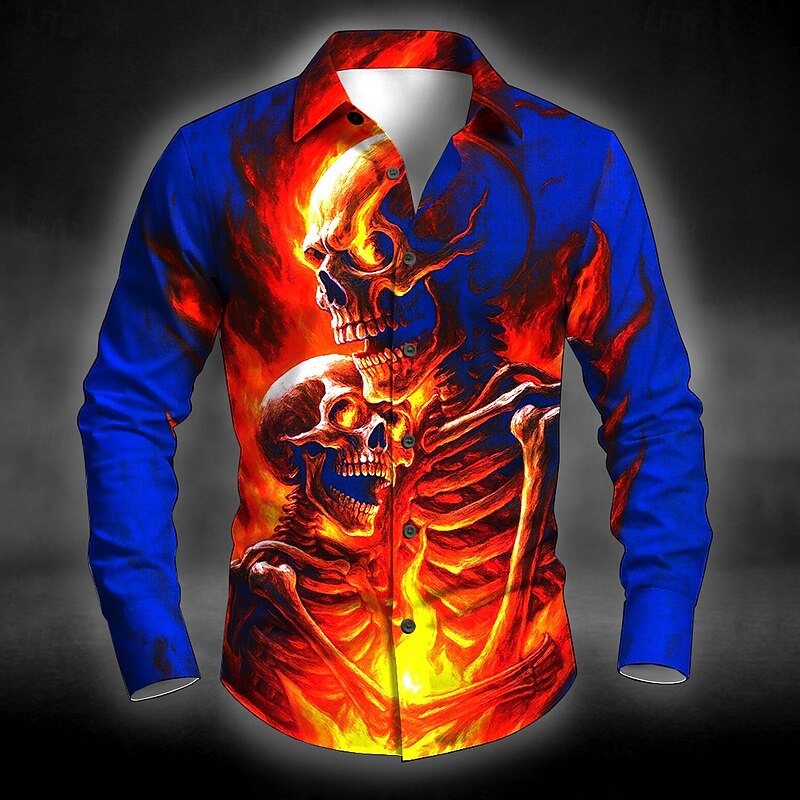 Halloween Men's Skull Skeleton Halloween Costumes Shirt Button Up Shirt Long Sleeve Dark Punk Gothic Style Outdoor Holiday Summer Spring Turndown 3D Print Collared Shirts Black Red Blue Green Dark