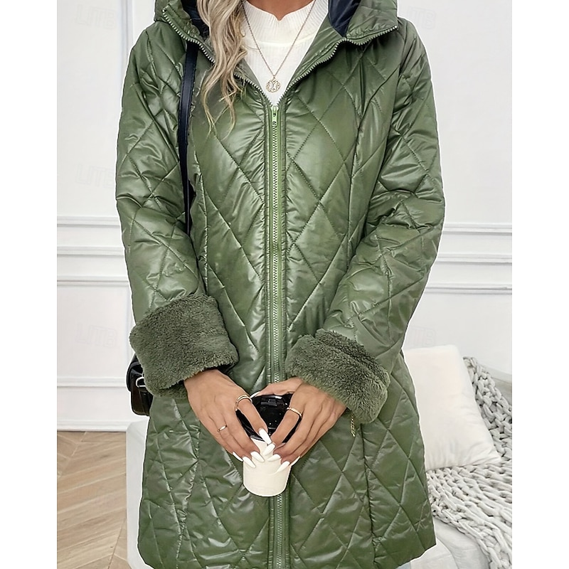 Women's Parka Warm Comfortable Zipper Pocket Fashion Outdoor Plain Going out Weekend Zipper Long Hooded Regular Fit Long Sleeve Outerwear Green Apricot Fall Winter2