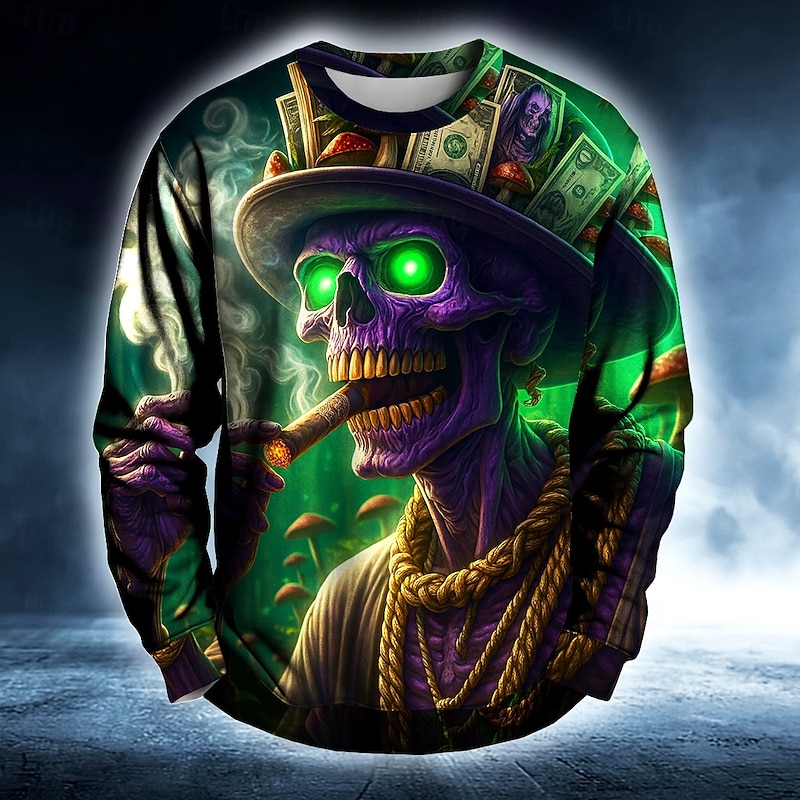 Halloween Men's Devil Weed Leaf Sweatshirt Punk Party Crew Neck Vacation Dark Green Green Crewneck 3D All Seasons Designer