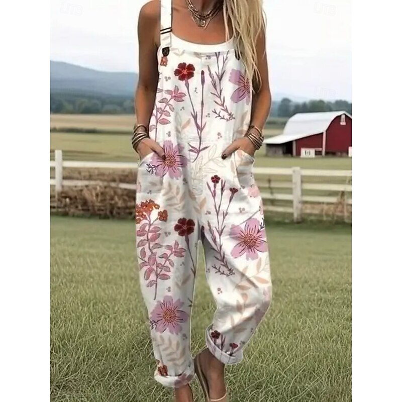 Women's Dungarees Active Floral Sleeveless Sleeveless Straight Square Neck Pocket with Pocket Vacation Daily Loose Fit White Pink Blue Summer4