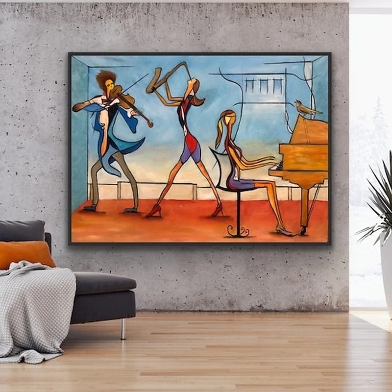 Music Art Abstract Painting On Canvas music oil painting , unique oil painting Musicians, Piano Violin painting Cubism Abstract Wall Art2