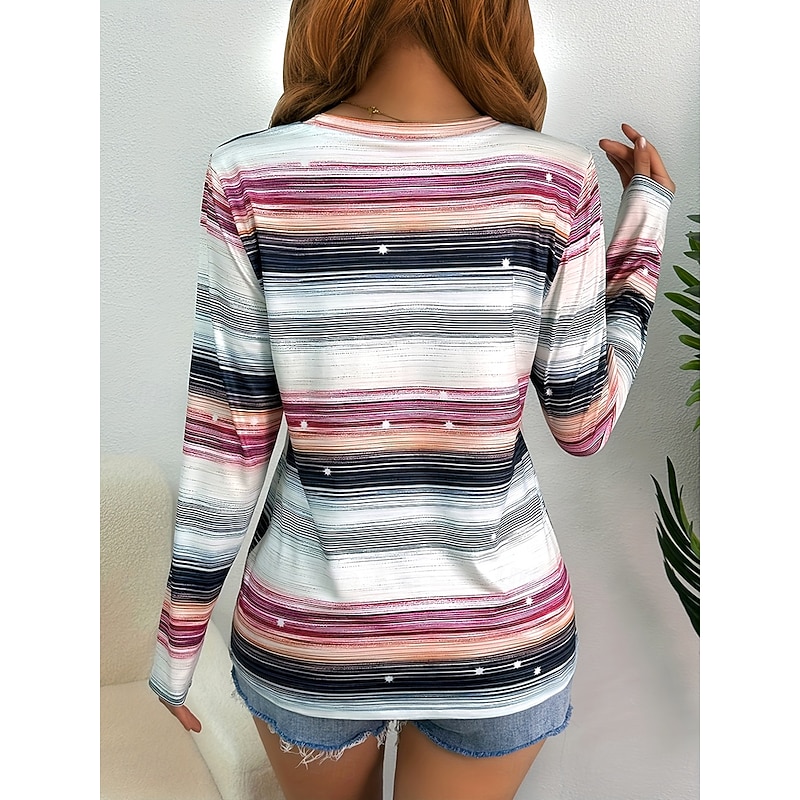 Women's T shirt Long Sleeve Graphic Geometric Striped Vintage Stylish Classic Long Sleeve Crew Neck Round Neck Regular Tops Daily Print Dusty Rose  Spring Fall Prefall2