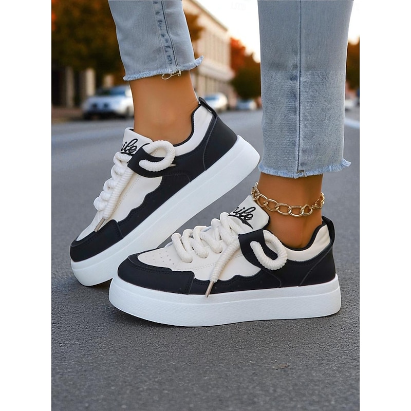 Women's Trendy Black & White Chunky Sneakers - Perfect Back - to - School Shoes for Campus Walks & Class Outfits