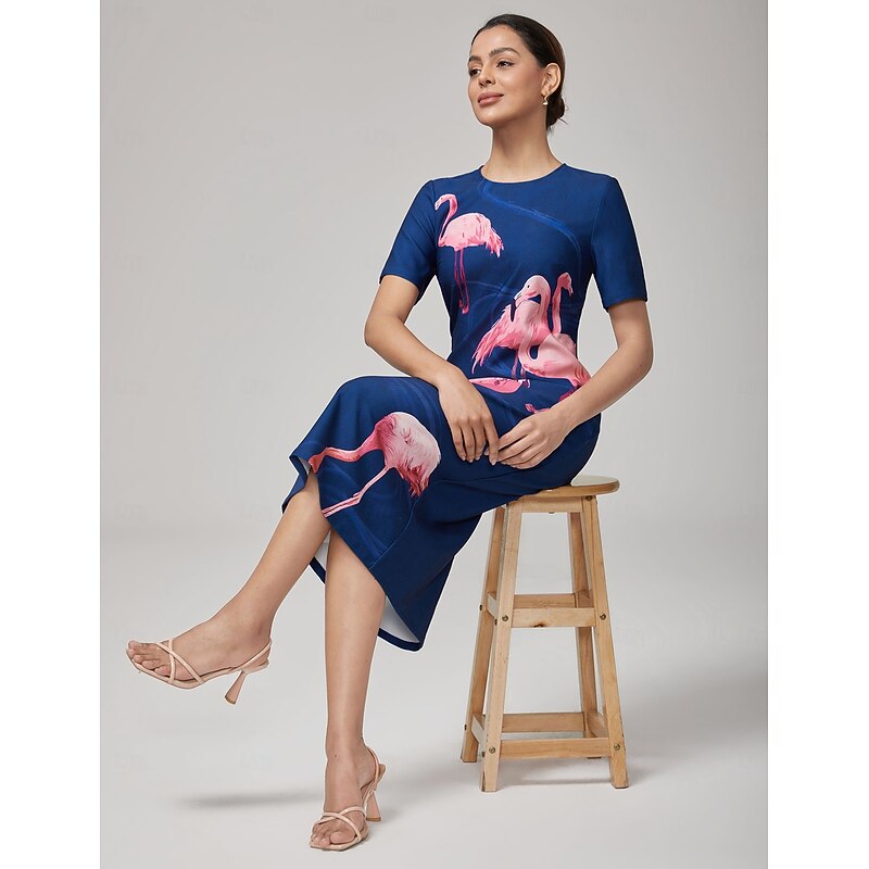 Women's Casual Dress Royal Blue Short Sleeve Flamingo Summer Crew Neck Vacation XS S M3