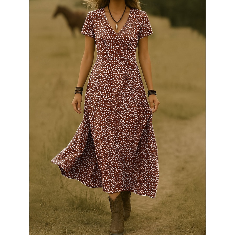 Women's Maxi Dress Casual Dress A Line Dress Summer Dress Elegant Vacation Casual Beach Regular Fit Floral Graphic Polka Dot Short Sleeve V Neck Red Blue Brown Green Summer Spring3