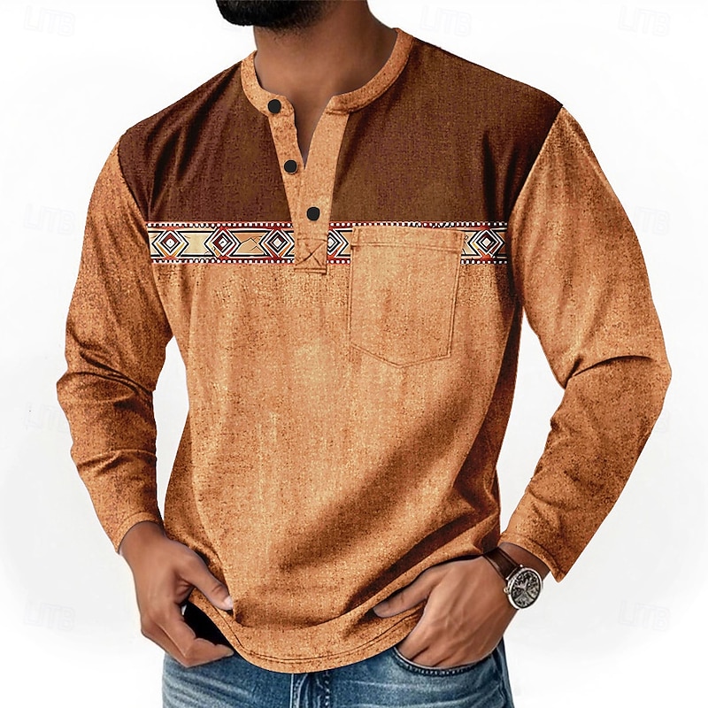 Men's Graphic Ethnic Henley Shirt T shirt Tee Long Sleeve Retro Vintage Bohemian Casual Casual Spring Fall Dark Brown Blue Green Henley Henley T-Shirt2
