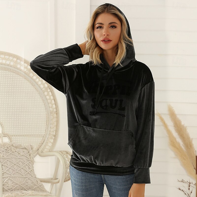 Women's Pullover Hoodie Sweatshirt Plain Letter Warm Cute Teddy Long Sleeve Hooded Regular Tops Work Party Evening Wear Street Pocket Dark Gray Spring Fall Winter Spring, Fall, Winter, Summer3