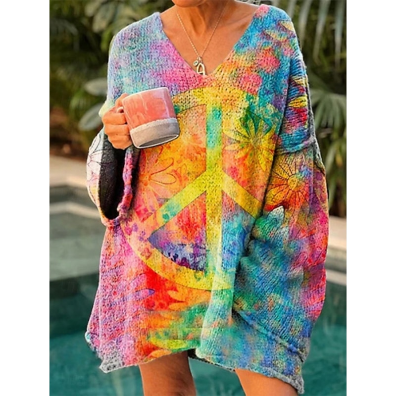 Women's Sweater Casual Soft Floral Graphic Ribbed V Neck Knitted Print Long Sleeve Long Tops Knit Outdoor Daily Weekend Yellow Wine Spring Fall