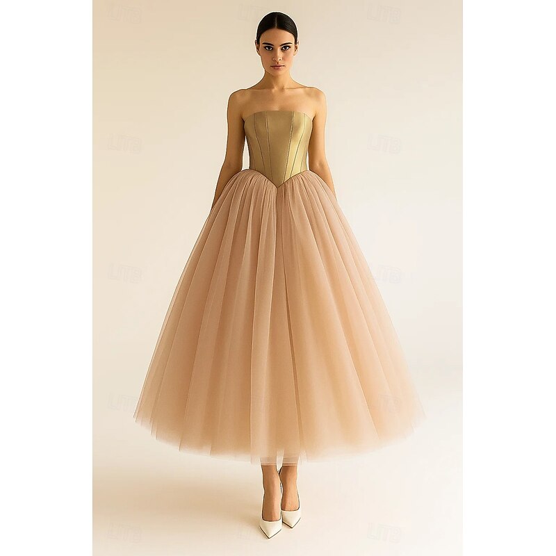 A-Line Cocktail Dresses Elegant Dress Drop Waisted Formal Semi Formal Wedding Tea Length Midi Length Sleeveless Stretch Satin Tulle 20252