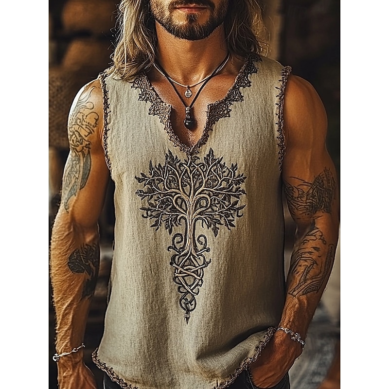 Men's Tank Top Vest Top Undershirt Graphic Tee Sleeveless V Neck Summer Trees Vintage Designer Basic Print Vacation Street Going out Blue Green Khaki Top Tee for Men