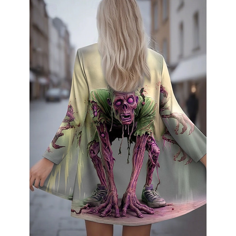 Halloween Women's Winter Coat Trench Coat Lightweight Comfortable Skulls Print Open Front Vintage Casual Skull Vacation Collarless Loose Fit Long Sleeve Outerwear Yellow Blue Purple Spring Fall2