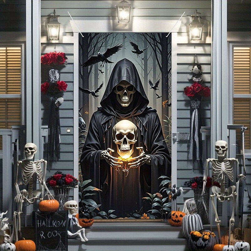 Skeleton Reading on Toilet Halloween Door Cover – Funny Spooky Bathroom Decor for Indoor Outdoor Front Porch or Room2