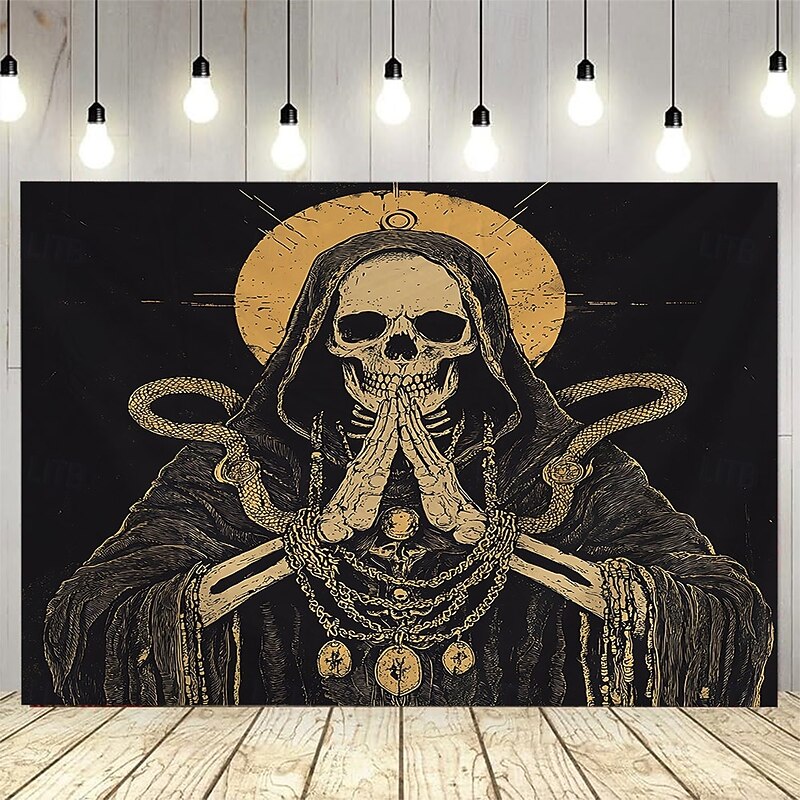 Halloween Backdrop Grim Reaper Tapestry, Gothic Death Angel Wall Hanging, Spooky Black and White Skeleton Backdrop for Haunted House, Horror Party Decoration, Creepy Wall Art for 2025 Halloween Bedroom Living Room4