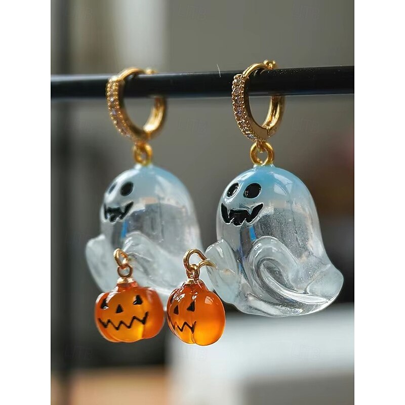 Women's Halloween Ghost and Pumpkin Earrings – Cute Dangle Drop Jewelry with Crystal Accents for Costume Party, Cosplay and Festive Outfits4