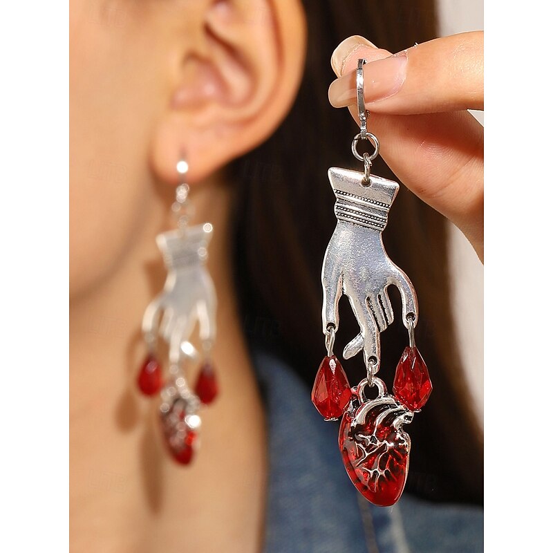 Women's Halloween Gothic Hand and Heart Earrings, Silver Drop Dangle Jewelry with Red Crystal Accents for Costume Parties and Cosplay