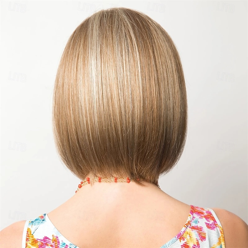 Women’s Blonde Brown Highlight Short Bob Wig with Bangs Natural Looking Realistic Synthetic Hair Heat Resistant Straight Elegant Daily Wear Fashion Style3