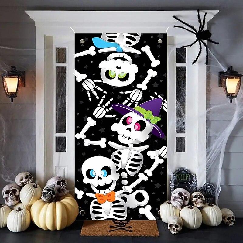 Halloween Black Cat Door Cover for Indoor/Outdoor – Full Moon & Spell Book Design, Gothic Front Door Decoration with 'Happy Halloween'2