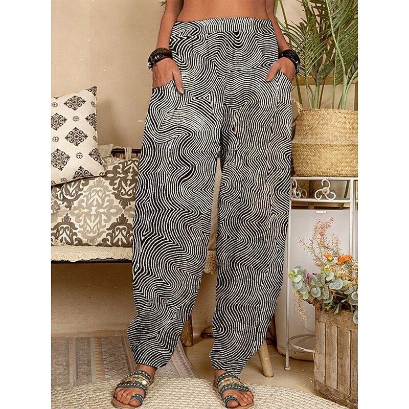 Women's Chinos Pants Trousers Active Fashion Long High Waist Geometry Pocket Elastic Waist Printing Breathability Soft Micro-elastic Vacation Street Daily Wear Black Spring Fall Regular Fit