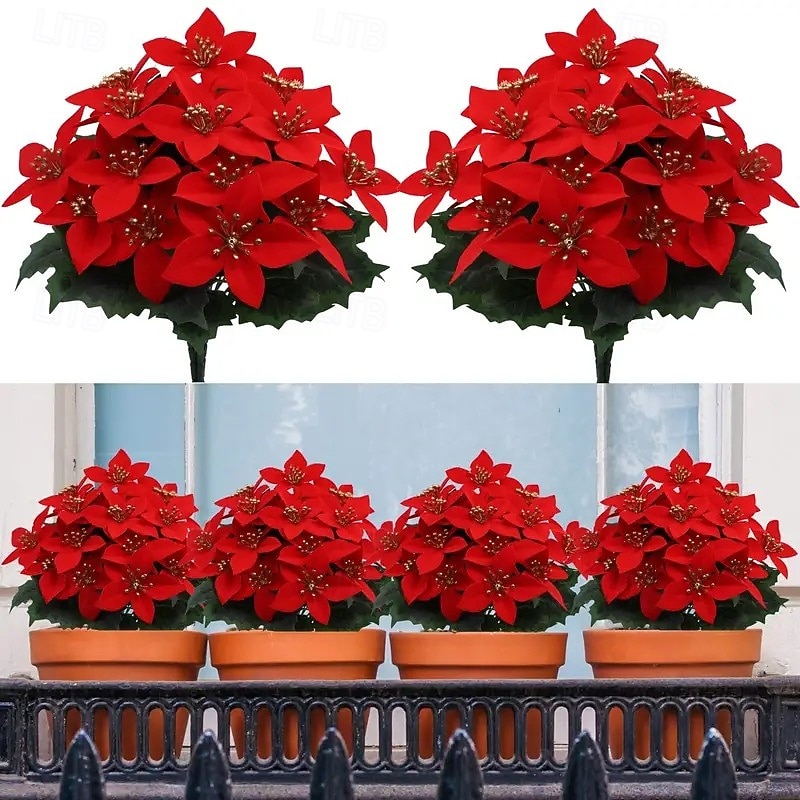 4PCS Christmas Poinsettia Artificial Flowers – Realistic Bouquet for Wedding, Porch, Garden, Indoor & Outdoor Holiday and Home Decor