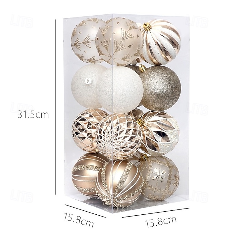 16 pcs Christmas Tree Balls Baubles Ornaments, 8 cm/3.15 inch Xmas Decoration, Light Champagne White Shaped Painted Hanging Set, Tree Accessories for Holiday Decor3