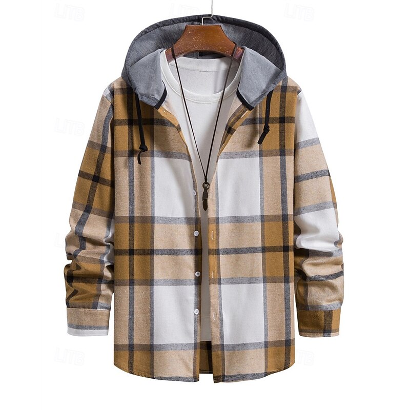 Men's Shacket Shirt Jacket Winter Jacket Plaid Vacation Daily Wear Black Red Blue Khaki Long Sleeve Hooded Fall Winter Clothing Apparel Drawstring2