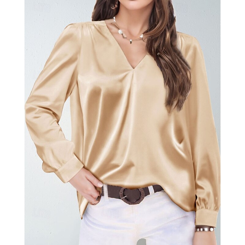 Women's Shirt Blouse Plain Modern Casual Long Sleeve V Neck Regular Tops Daily Holiday Going out Ruched Black White Yellow Pink Wine Fall