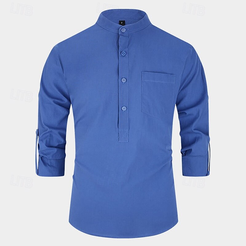 Men's Shirt Band Collar Shirt Popover Shirt Casual Shirt Black White Yellow Red Navy Blue Long Sleeve Plain Henley Daily Going out Front Pocket Clothing Apparel Elegant Fashion