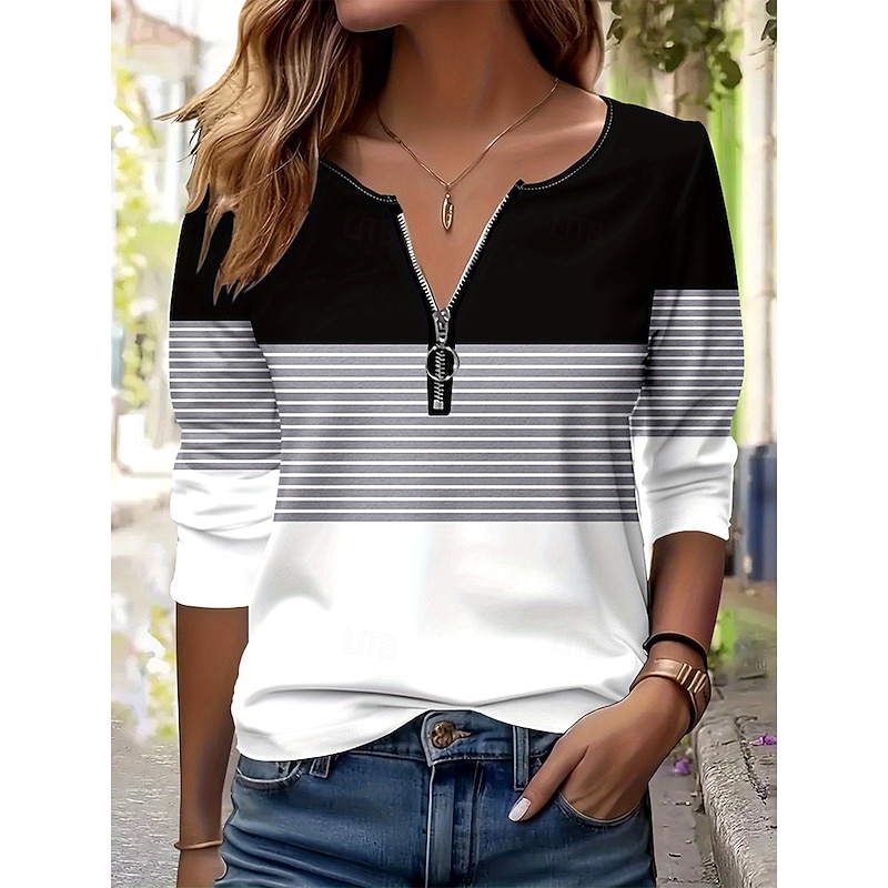 Women's T Shirt Graphic Geometric Striped Elegant Vintage Stylish Long Sleeve Round Neck Notched Neck Regular Tops Daily Weekend Zipper Print Black and White Spring Fall Winter