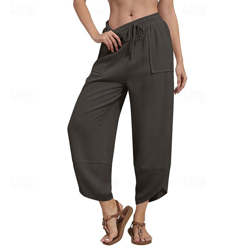 Women's Wide Leg Slacks Streetwear Casual Full Length Natural Plain Pocket Elastic Drawstring Design Soft Street Daily Wear Weekend dark brown Dark-Gray Orange red Black Fall Regular Fit4