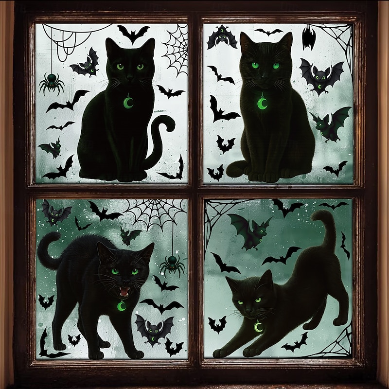 4 Sheets Halloween Window Cling Wall Sticker Decals Decorations, Spider Webs, Bats & Black Cats, Static Cling, Halloween Storefront & Home Decor