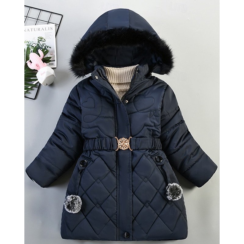 Kids Girls' Down Coat Solid Color Fashion Fur Trim Zipper Pocket School Coat Outerwear 4-12 Years Winter Pink Wine Navy Blue