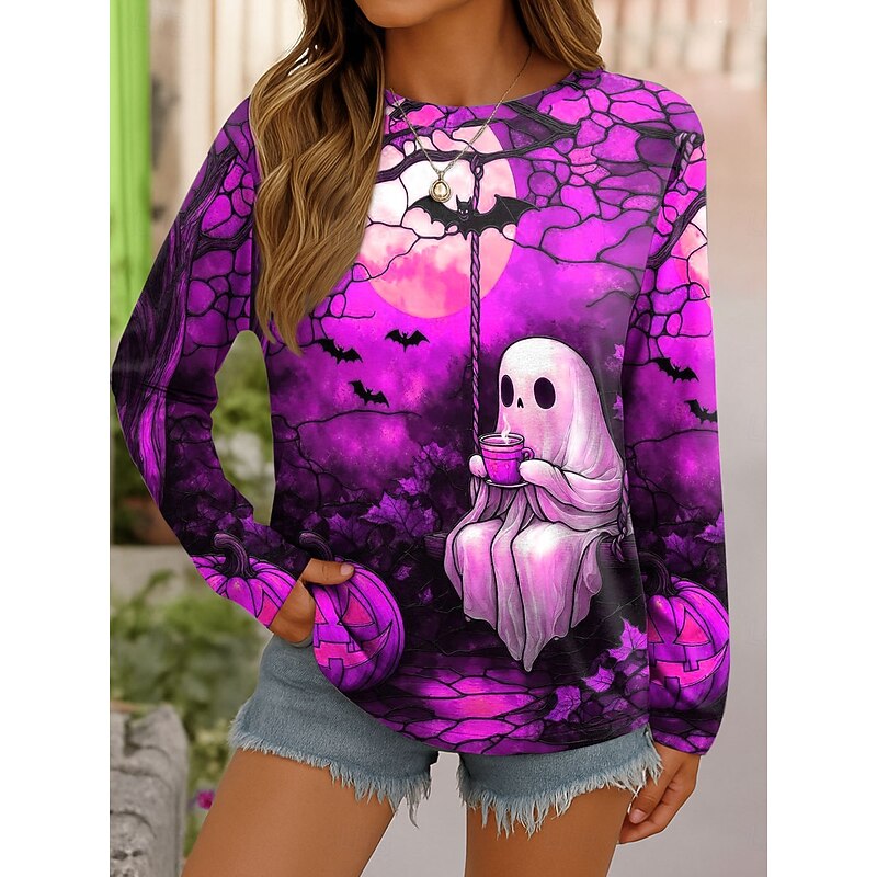 Halloween Women's T shirt Ghost Graphic Vintage Fashion Stylish Long Sleeve Crew Neck Round Neck Regular Tops Weekend Print Blue Purple Orange Green Spring Fall3