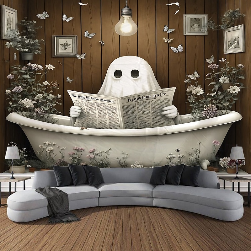 Halloween Photograph Backdrop Tapestry, Ghost and Pumpkin Pattern Wall Hanging, Large Decorative Mural for Bedroom, Living Room, Party, and Home Decoration