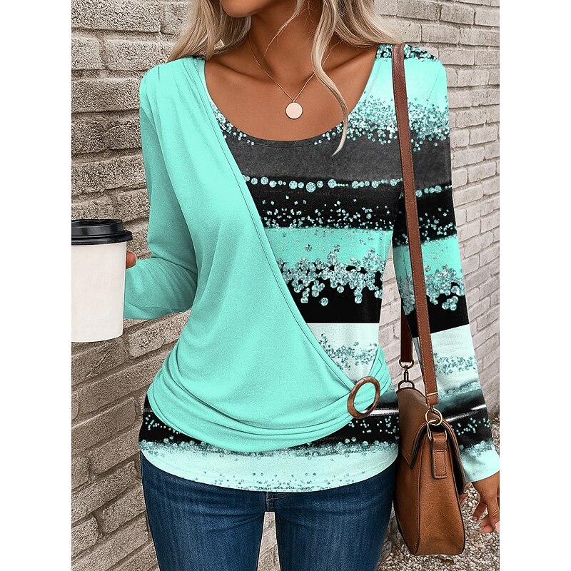 Women's T Shirt Graphic Geometric Stylish Casual Long Sleeve Crew Neck Regular Tops Daily Patchwork Print Yellow Pink Blue Purple Green Summer Fall Winter3
