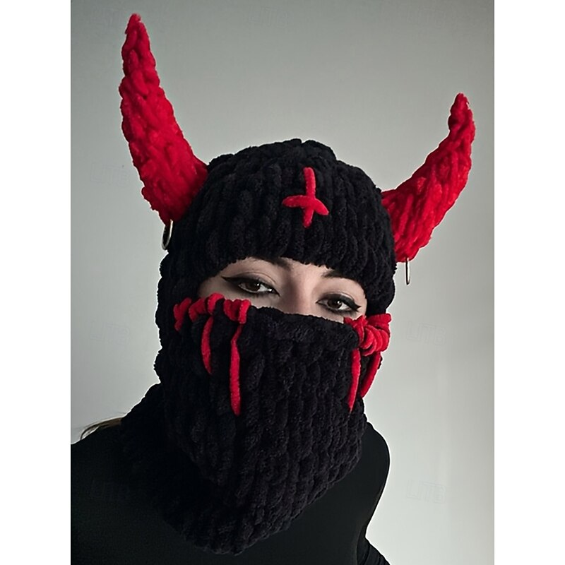 Men's Halloween Devil Horn Knit Balaclava Ski Mask — Thick Warm Full-Face Cover, Stretch Knit Gothic Style for Adults, Cosplay, Costume Parties, Festivals & Winter Streetwear2