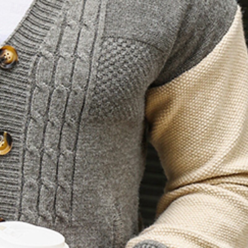 Men's Sweater Dress Sweater Cardigan Sweater Knit Sweater Ribbed Cable Knit Short Patchwork Knitted Plain V Neck Fashion Shawls Casual Daily Wear Clothing Apparel Fall Winter Light Grey M L XL3