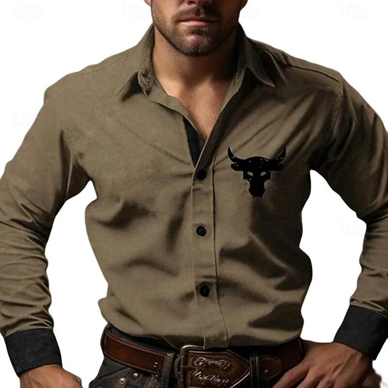 Men's Bull Color-blocking Shirt Western Shirt Cowboy Shirt Long Sleeve Vintage Retro Outdoor Vacation Spring Fall Turndown 3D Print Linen Like Shirt Black Khaki2