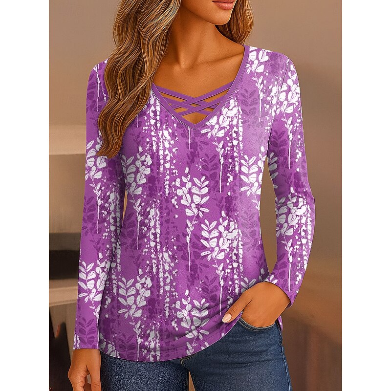 Women's T Shirt Ombre Floral Graphic Vintage Stylish Classic Long Sleeve V Neck Regular Tops Daily Cut Out Print Red Blue Purple Green Spring Fall3