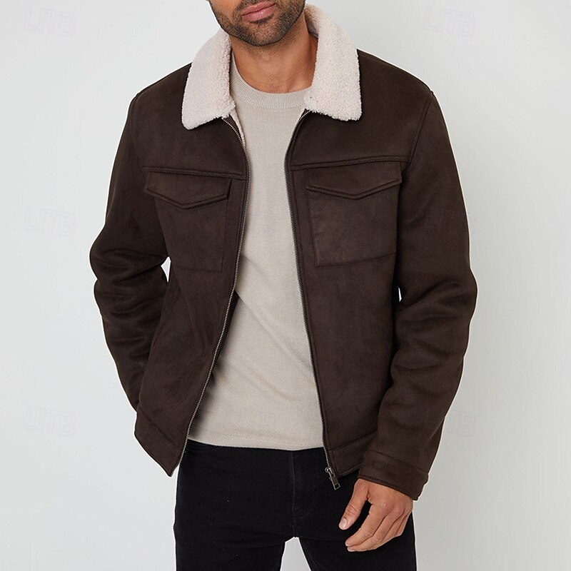 Men's Winter Jacket Fleece Jacket Casual Jacket Vacation Daily Thermal Warm Pocket Fleece Fall & Winter Plain Fashion Streetwear Lapel Regular Black Brown Coffee Jacket4