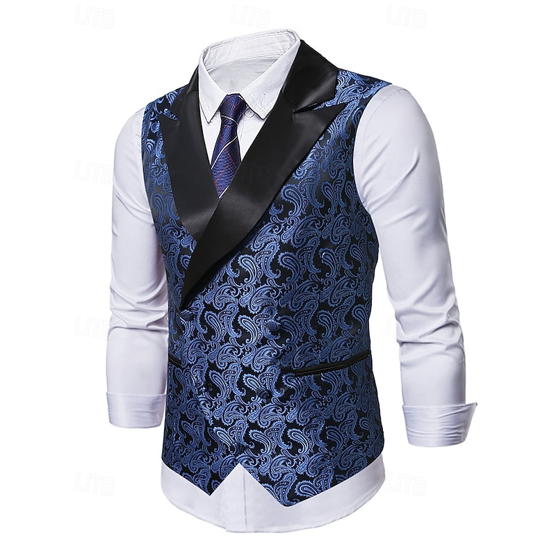 Men's Vest Waistcoat Gilet Vacation Party Business Fashion Casual Spring Fall Pocket Buttons Polyester Comfortable Paisley Single Breasted One-button Peaked Lapel Regular Fit Royal Blue Vest2