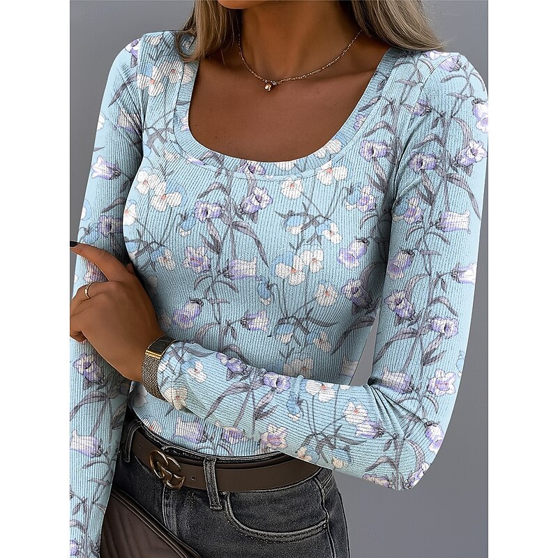 Easter Women's T shirt Long Sleeve Ribbed Graphic Square Neck Long Sleeve Casual Floral Plants Vintage Stylish Regular Tops Daily Print White Blue Purple Green Light Blue Spring Fall Prefall3