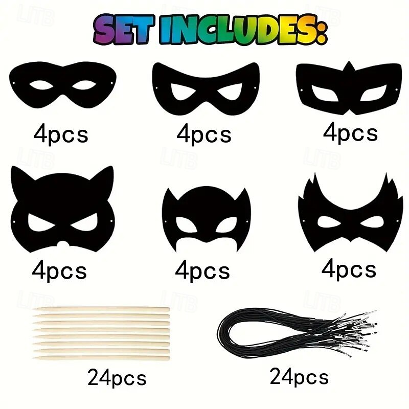 24 pcs Halloween Scratch Art Hero Mask Set with Elastic Bands and Wooden Stylus, DIY Craft Activity for Kids and Adults, Perfect for Costume Parties, Carnivals, Christmas, Halloween, Thanksgiving, and Holiday Decorations2