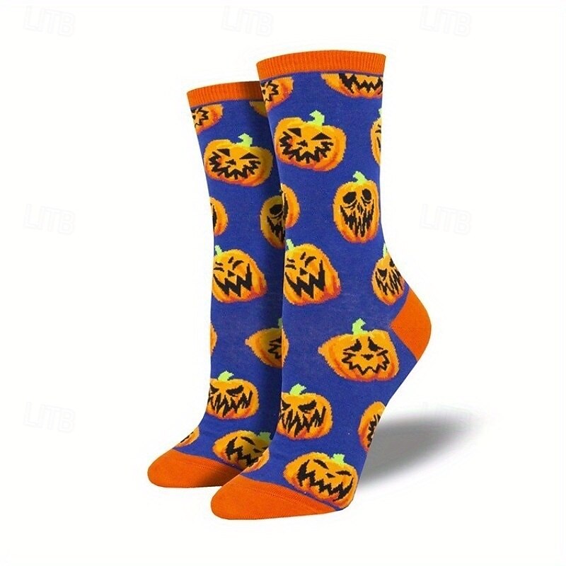 1 Pair Halloween Creative Funny Jacquard Socks, Pumpkin, Ghost, and Witch Design, Unisex Couple Athletic Socks for Outdoor Sports2
