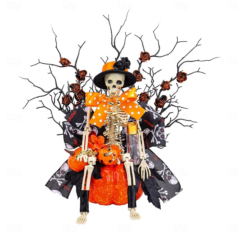Halloween Skeleton Pumpkin Window Decoration Spooky Skull & Twisted Branch Display for Halloween or Easter Party, Creepy Atmosphere Decor for Home, Storefront or Tabletop4