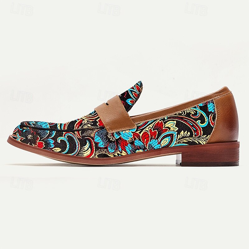 Men's Brown Colorful Jacquard Fabric Loafers – Vintage Slip-On Dress Shoes for Weddings, Banquets and Formal Events3