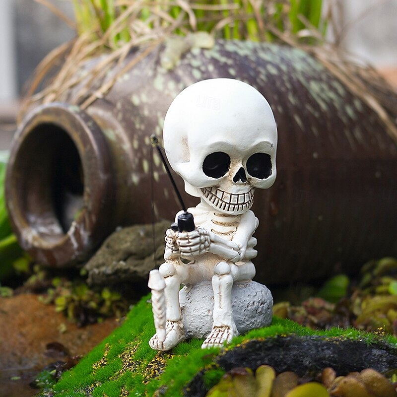 Halloween Resin Bobblehead Fishing Skeleton, Outdoor Yard Lawn Planter Balcony Decoration Ornament2